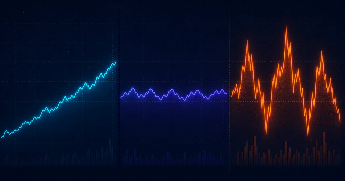 Price chart divided into distinct trending, ranging and volatile market regimes